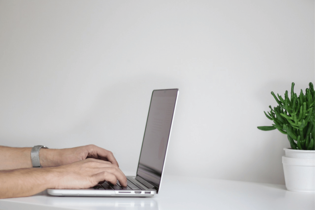 Minimalist work station with hands on a laptop keyboard and green plant decor.