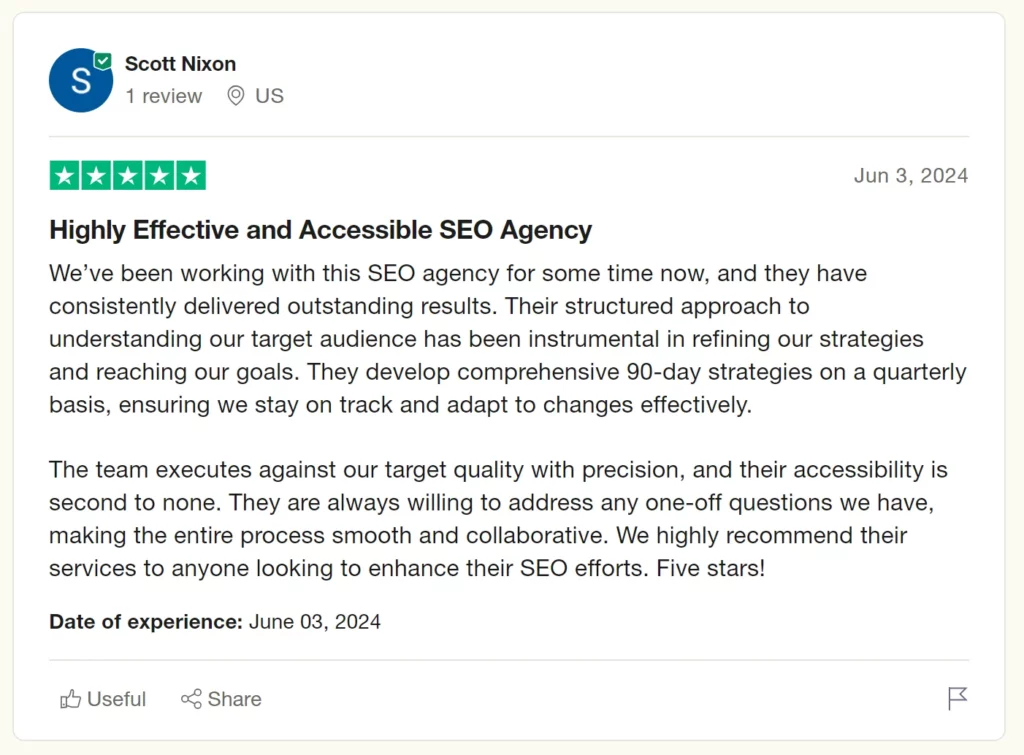 Five-star review on an SEO agency highlighting effective strategies, excellent results, and strong client accessibility.