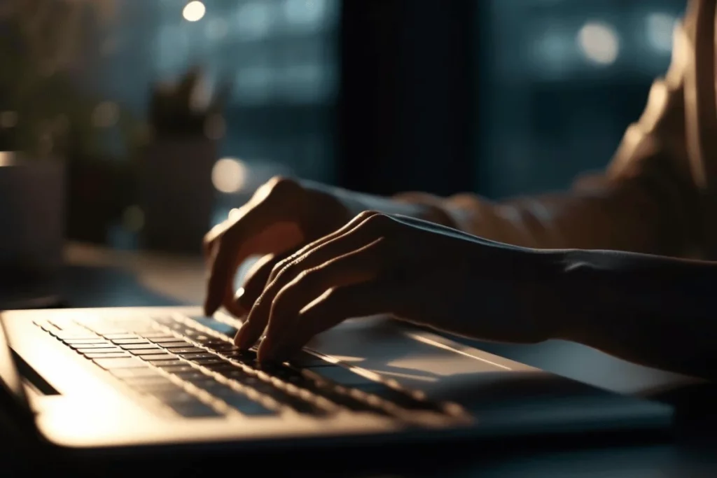 Close-up of a person's hands working on a computer in a low-light office setting.