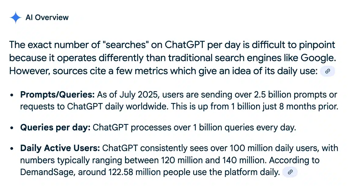 Text summarizing ChatGPT's usage metrics, including daily queries and active users as of July 2025.
