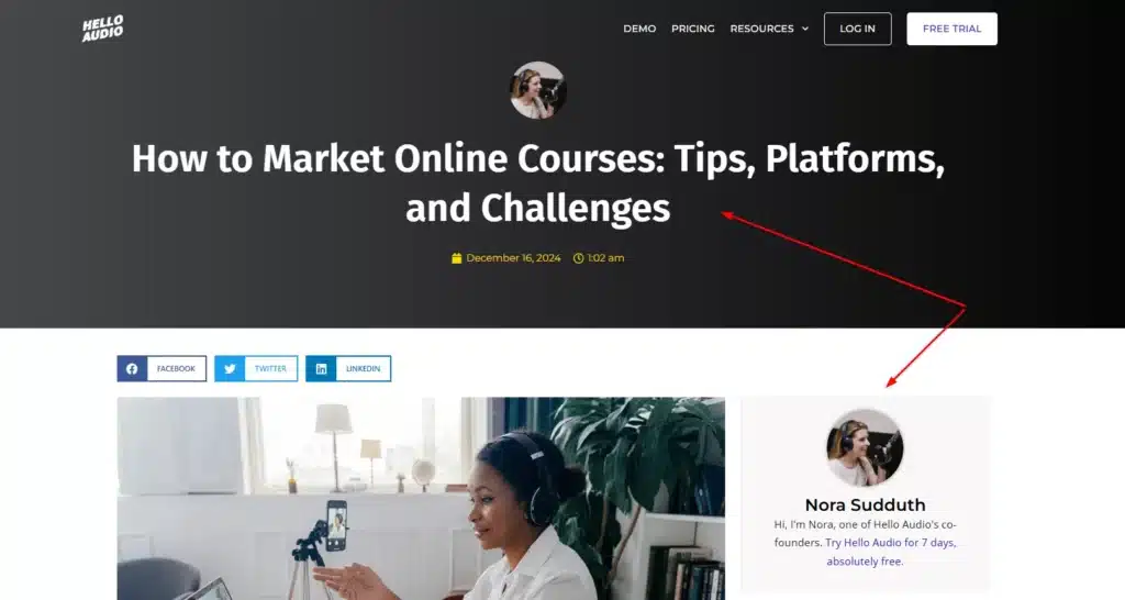 A woman with headphones speaks into a microphone while recording in a bright, modern room, surrounded by plants and a cozy atmosphere.