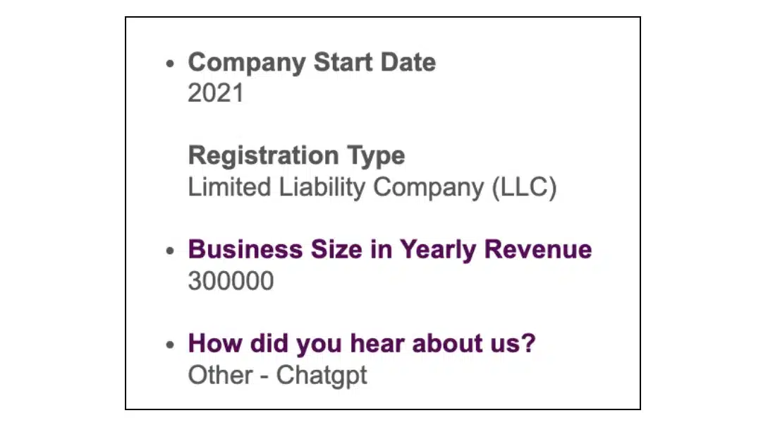 A document summarizing a company's details: start date (2021), registration type (LLC), revenue projections, and referral source (ChatGPT).