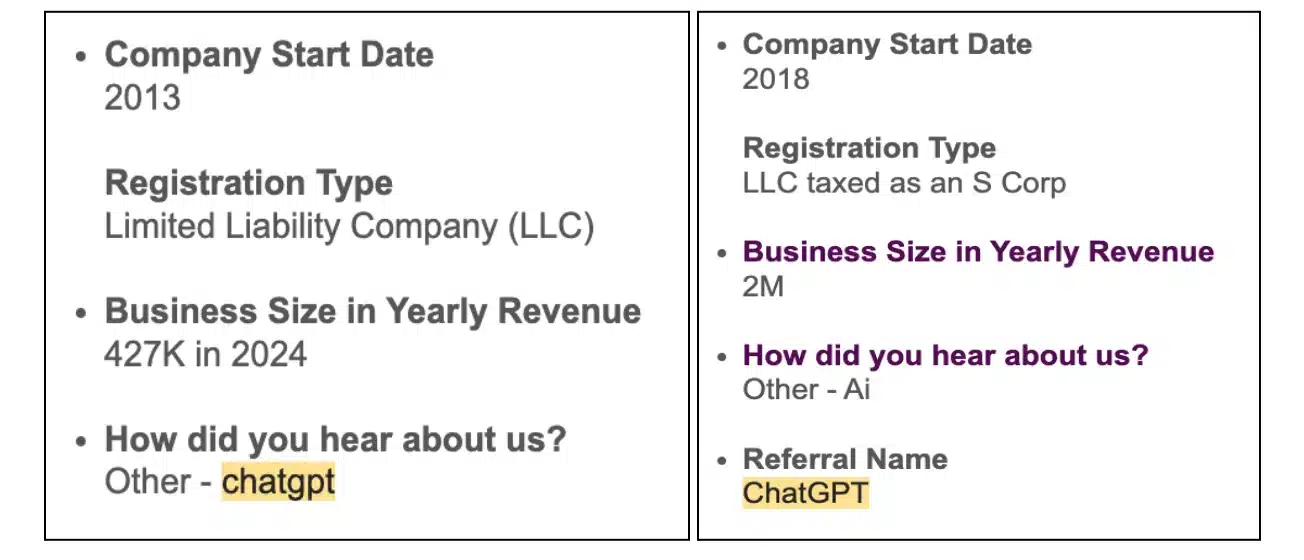 Business profile cards comparing company start dates, revenue, and referrals.