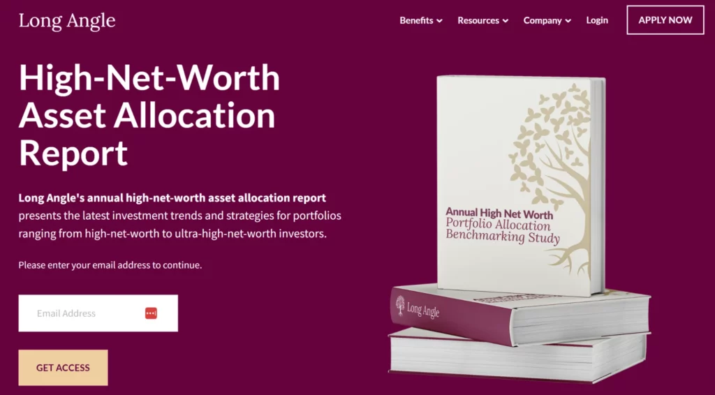 Cover of Long Angle's High-Net-Worth Asset Allocation Report, featuring a tree design and stacked books on a maroon background.