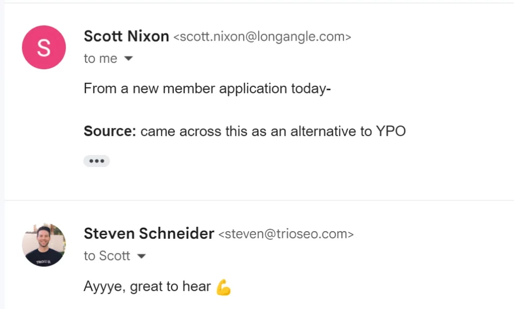 Email conversation between Scott Nixon and Steven Schneider discussing a new member application and alternatives to YPO.