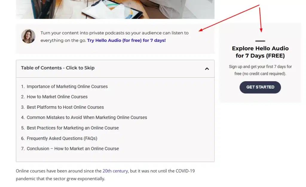 A person sits at a table with a laptop and notebook, exploring online course marketing and audio podcasting options.
