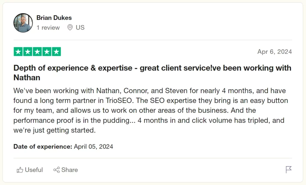Five-star Trustpilot review from Brian Dukes, Managing Partner at ExitWise, praising TrioSEO for expert SEO services and growth results.