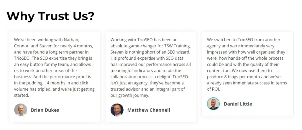 Three testimonials praising the SEO expertise and collaboration with TrioSEO, highlighting significant improvements in performance and ROI.