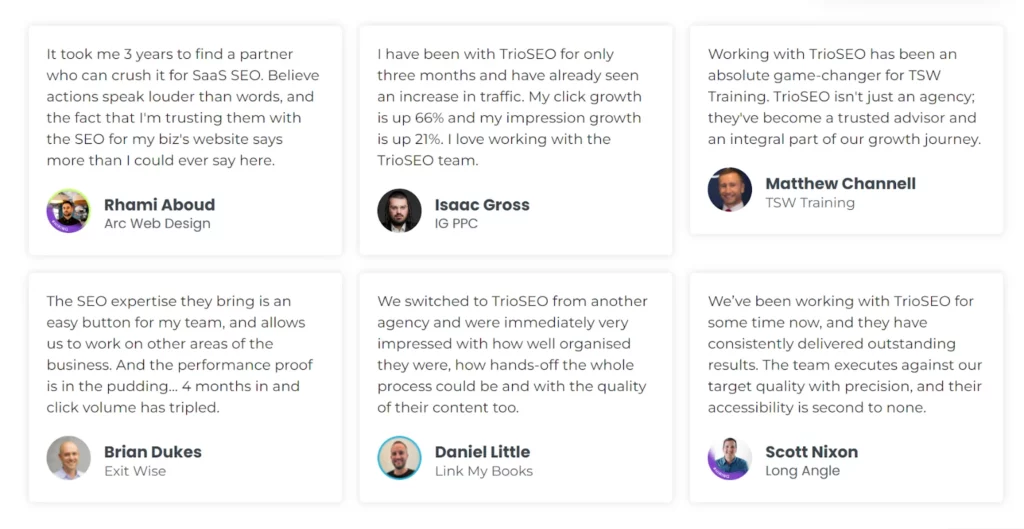 Client testimonials for TrioSEO highlighting success in traffic growth, SEO expertise, and agency trust from various businesses.