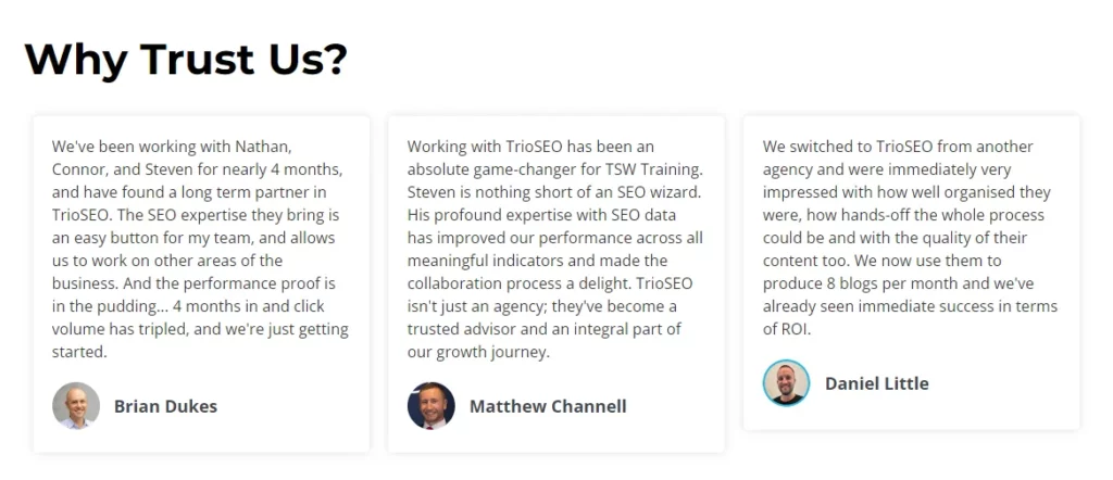 Three testimonials praising TrioSEO's expertise, collaboration, and impressive results, enhancing their clients' business growth.